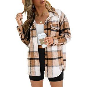 Womens Casual Plaid Shacket Wool Blend Button Down Long Sleeve Overshirt